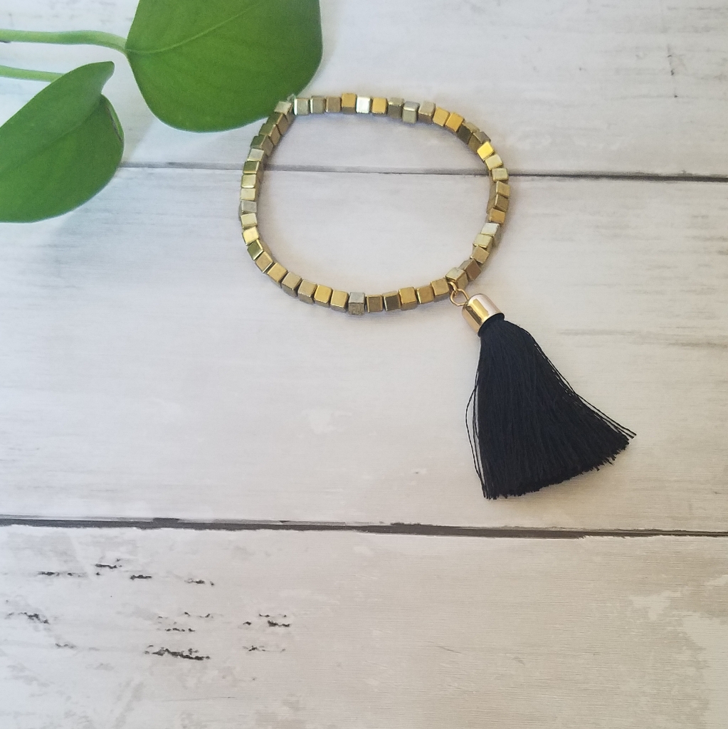 Gold Square Bead Stretch Bracelet With Black Tassel